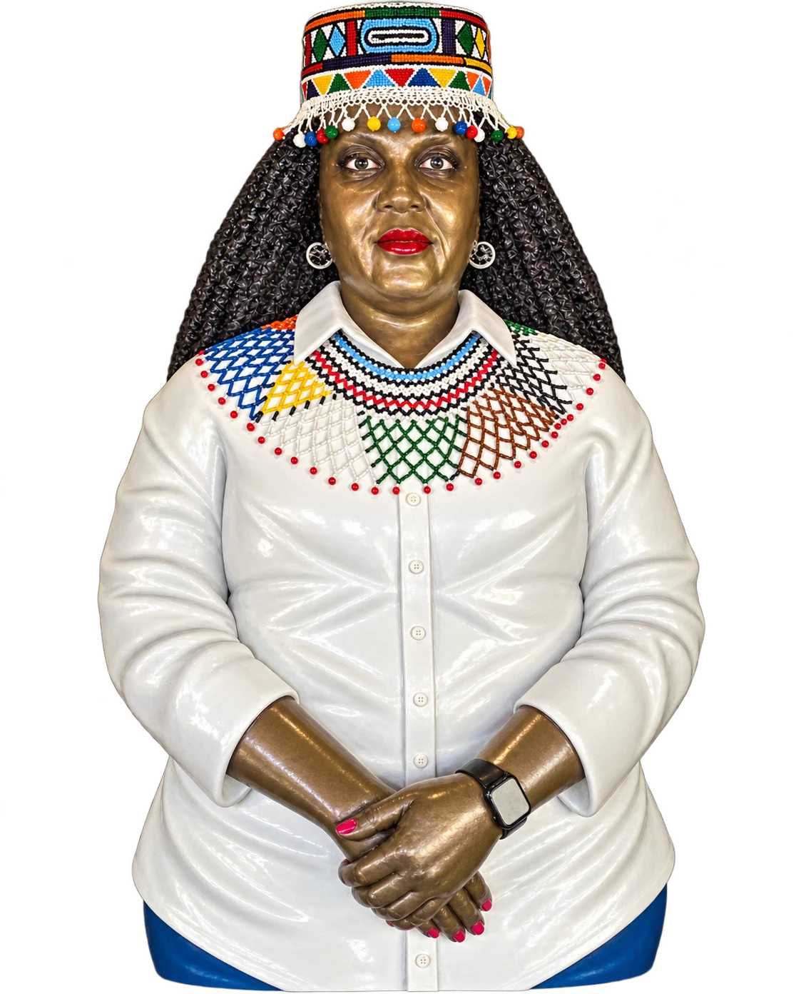 Hand-finished portrait statue in beadwork and a white shirt, made by Mankweng Tombstones